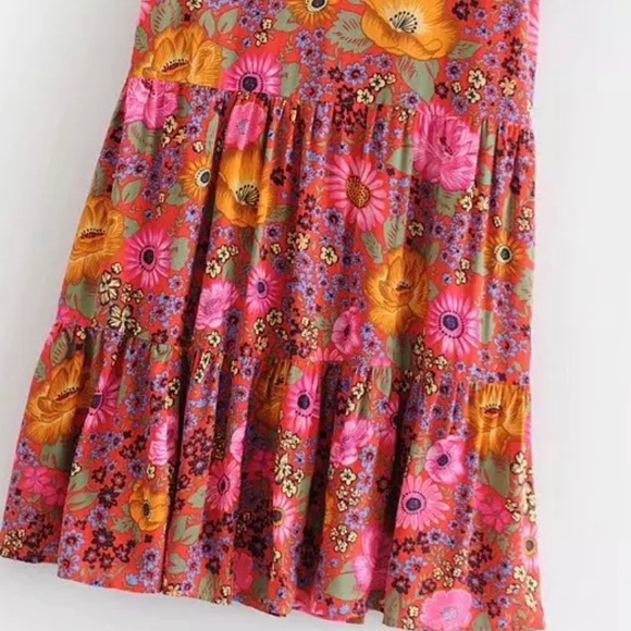 Tiered V Neck Boho Floral Gypsy Print Dress Red - Picture 8 of 10